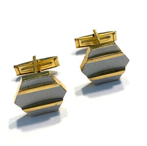 Vintage Mid Century Cufflinks Goldtone & Frosty Silvertone Geometric Hexagon